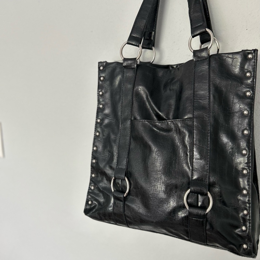 Black vegan studded handbag/purse/tote. Great for travel or laptop. Sassy! - Picture 3 of 11